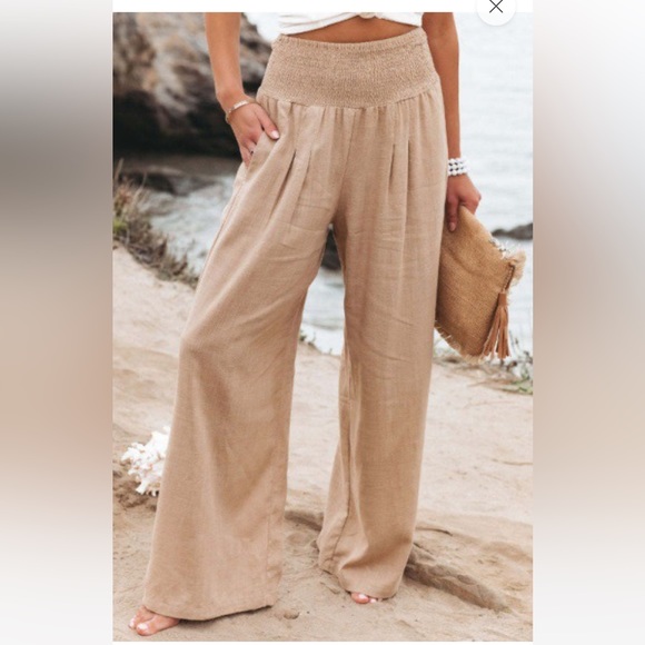 Women’s Khaki Colored Wide Leg Palazzo Pants with Smocked Slimming Waist, size L - Picture 4 of 6